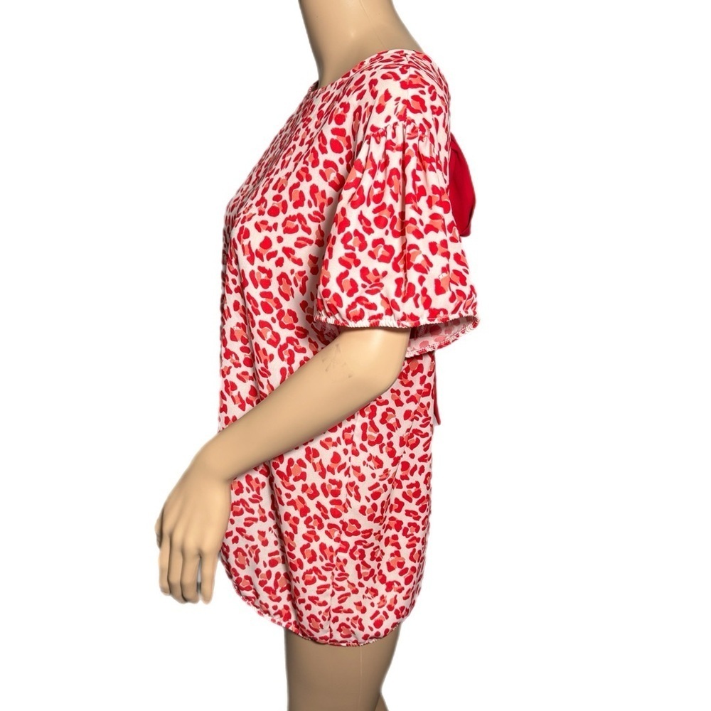Sweet Pea NY & Co By Stacy Frati Red Animal Print Top Sz L Short Sleeve Sheer - Picture 2 of 11
